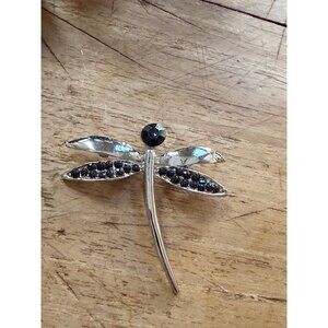 Silver Dragonfly Pin With Black Rhinestones In Gift Box